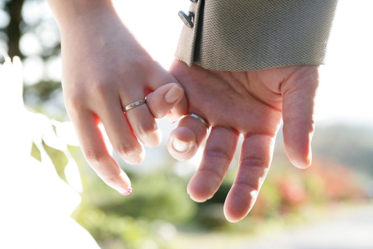 男女の指と結婚指輪